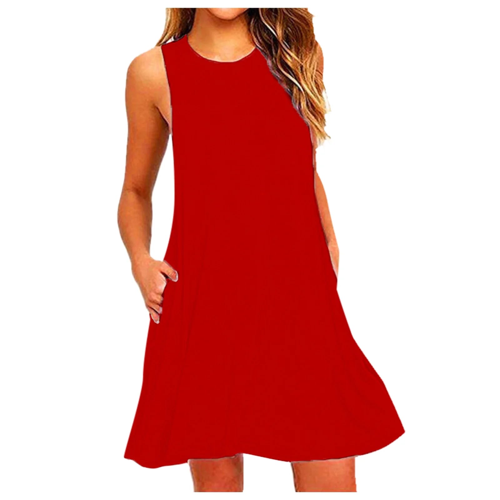 Fesfesfes Vestidos De Verano Para Mujer Cuello Redondo Casual Mini Vestido Color Sólido Sin Mangas Vestido Corte Holgado Por Encima De La Rodilla Vestido De Sol Venta De Verano