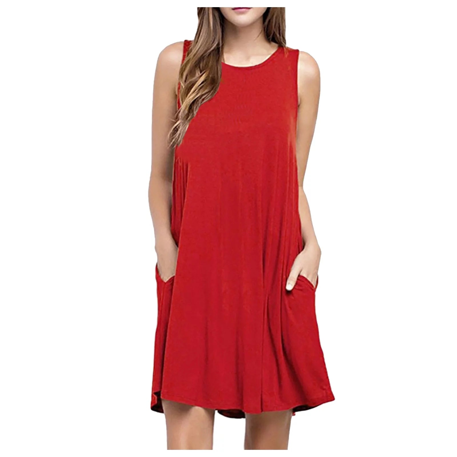Fesfesfes Vestidos De Verano Para Mujer Cuello Redondo Casual Mini Vestido Color Sólido Sin Mangas Vestido Corte Holgado Por Encima De La Rodilla Vestido De Sol Venta De Verano